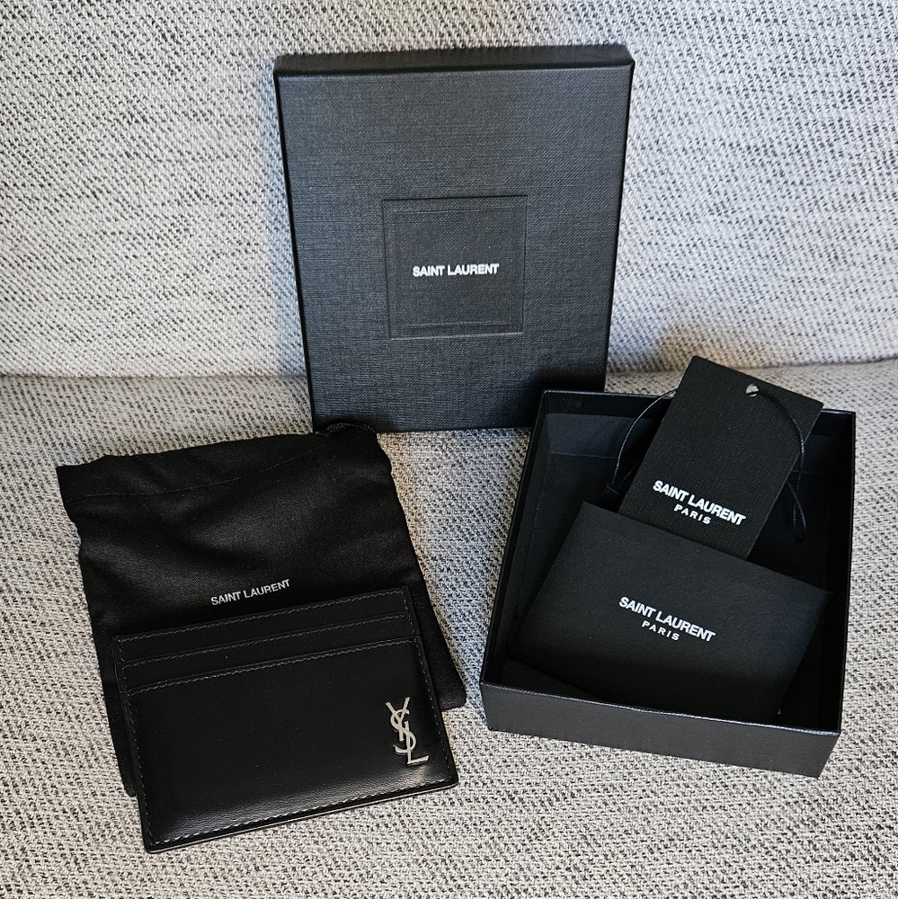 YSL Logo Smooth Black Leather Card Holder, Silver Hardware